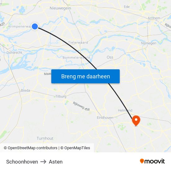 Schoonhoven to Asten map