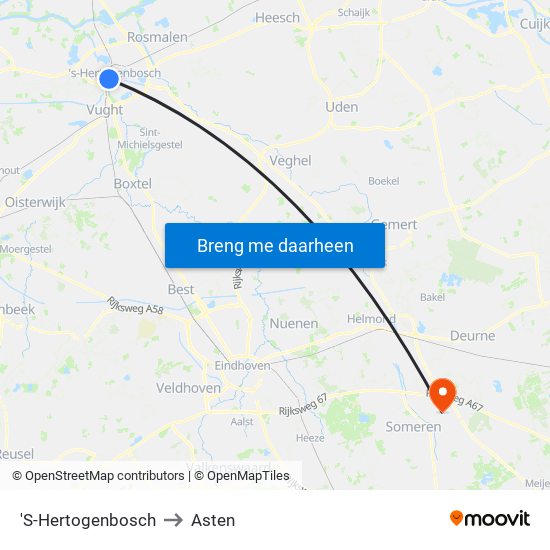 'S-Hertogenbosch to Asten map