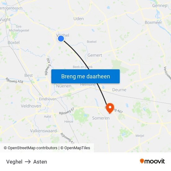 Veghel to Asten map