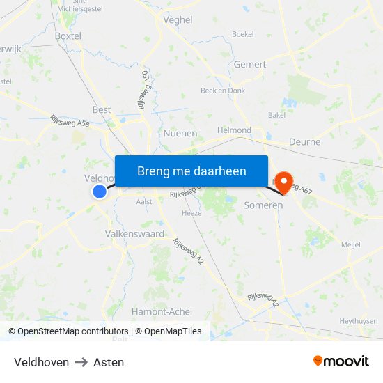 Veldhoven to Asten map