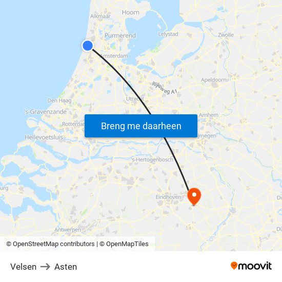 Velsen to Asten map