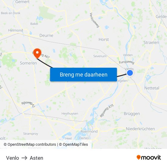 Venlo to Asten map