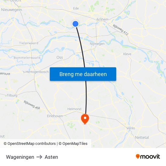 Wageningen to Asten map