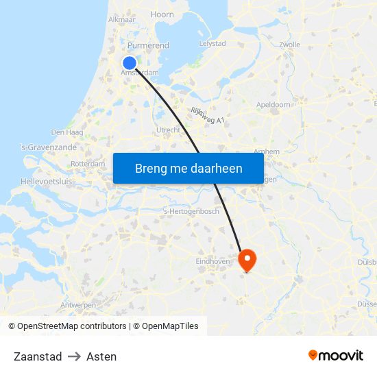 Zaanstad to Asten map