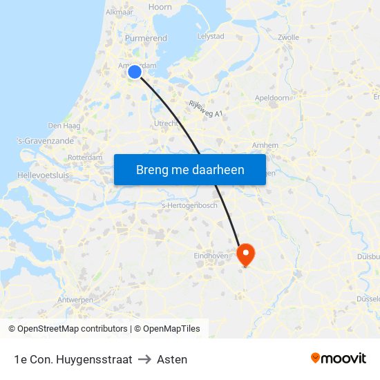 1e Con. Huygensstraat to Asten map