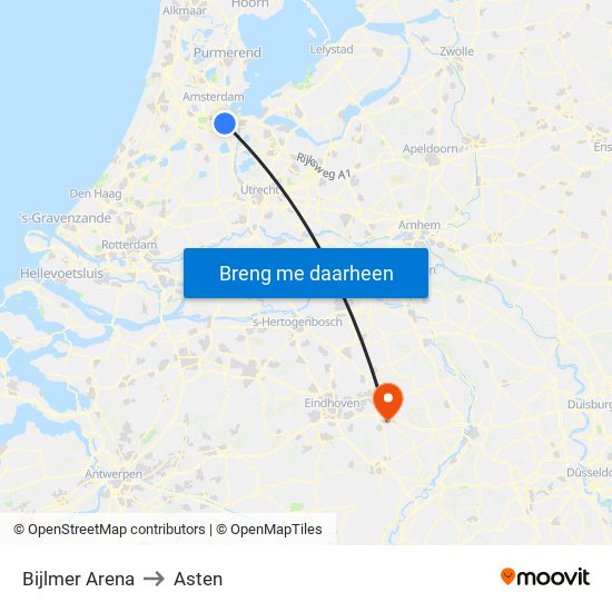 Bijlmer Arena to Asten map