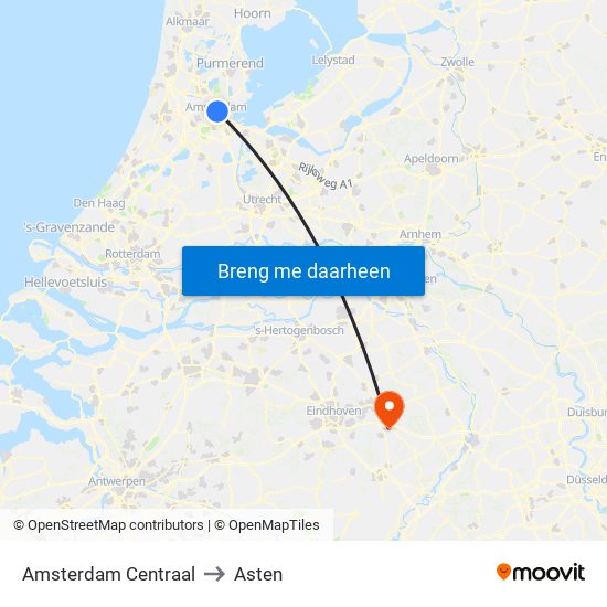 Amsterdam Centraal to Asten map