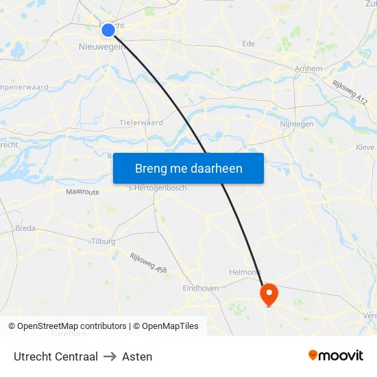 Utrecht Centraal to Asten map