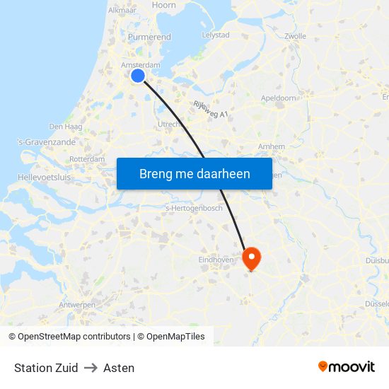 Station Zuid to Asten map
