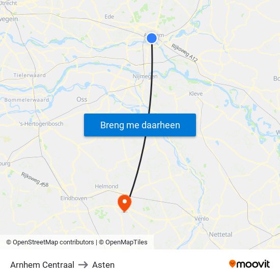 Arnhem Centraal to Asten map