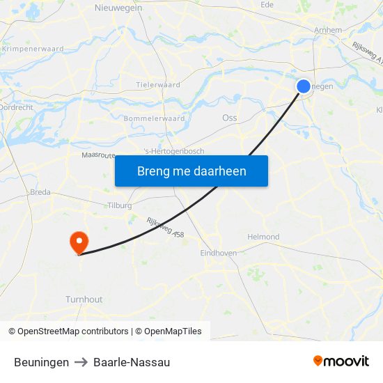 Beuningen to Baarle-Nassau map