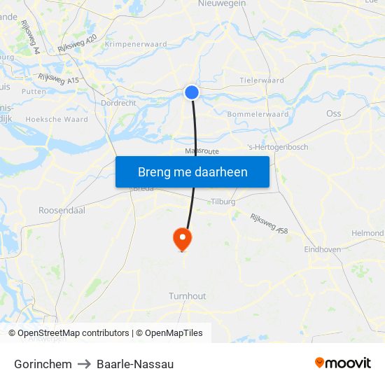 Gorinchem to Baarle-Nassau map