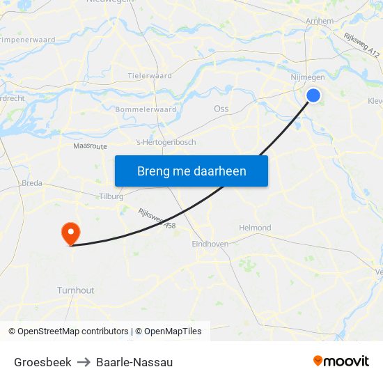 Groesbeek to Baarle-Nassau map