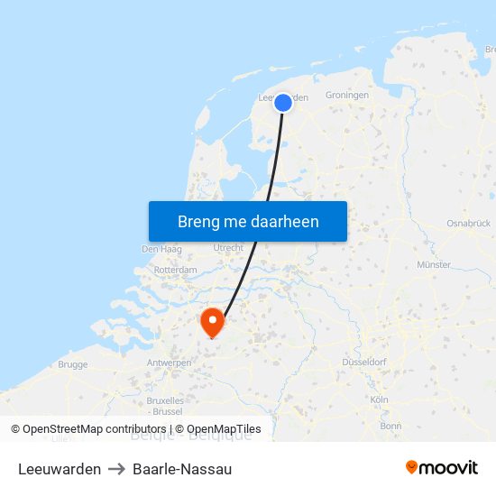 Leeuwarden to Baarle-Nassau map