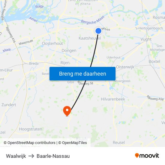 Waalwijk to Baarle-Nassau map