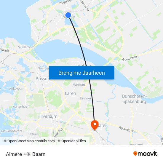 Almere to Baarn map