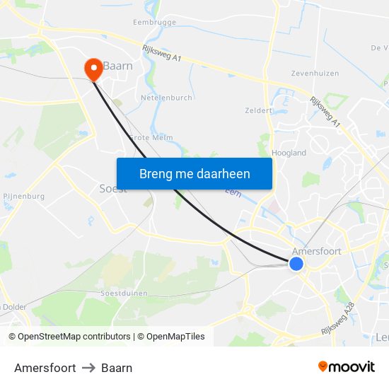 Amersfoort to Baarn map