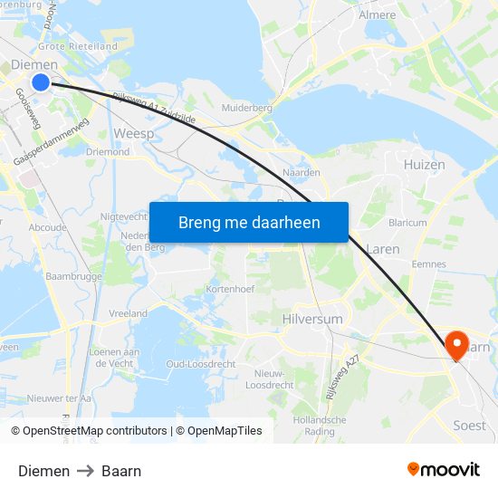 Diemen to Baarn map