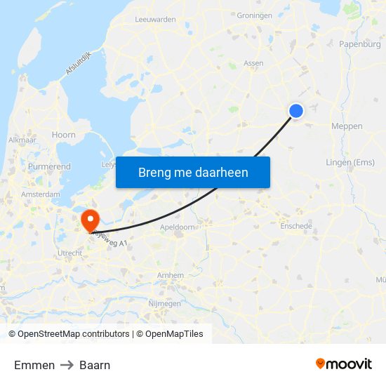 Emmen to Baarn map