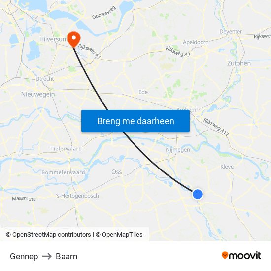 Gennep to Baarn map