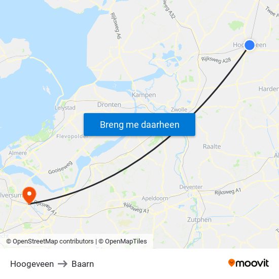 Hoogeveen to Baarn map