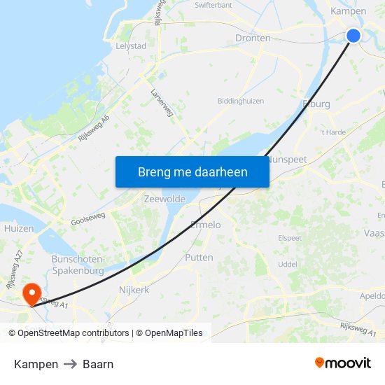 Kampen to Baarn map