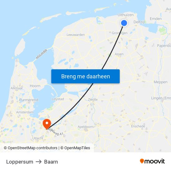Loppersum to Baarn map