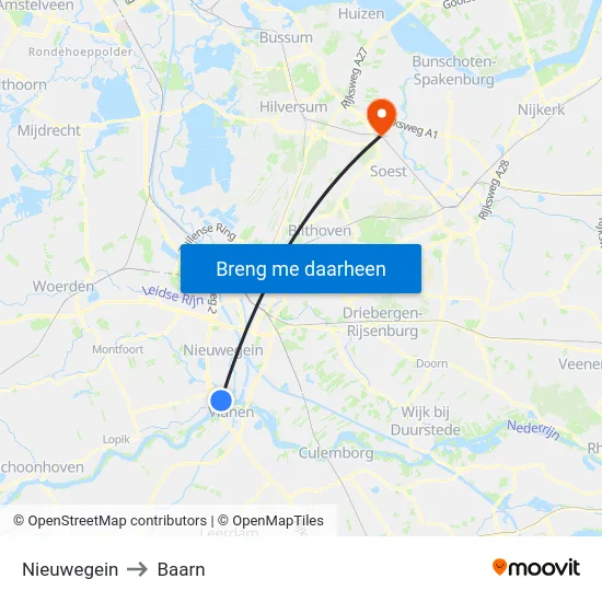 Nieuwegein to Baarn map