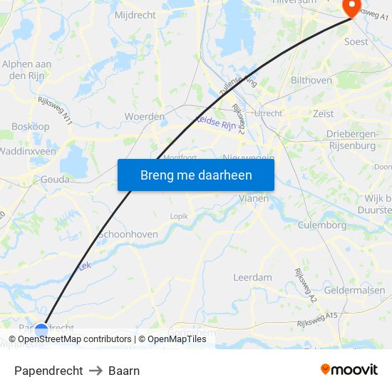 Papendrecht to Baarn map