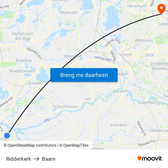 Ridderkerk to Baarn map