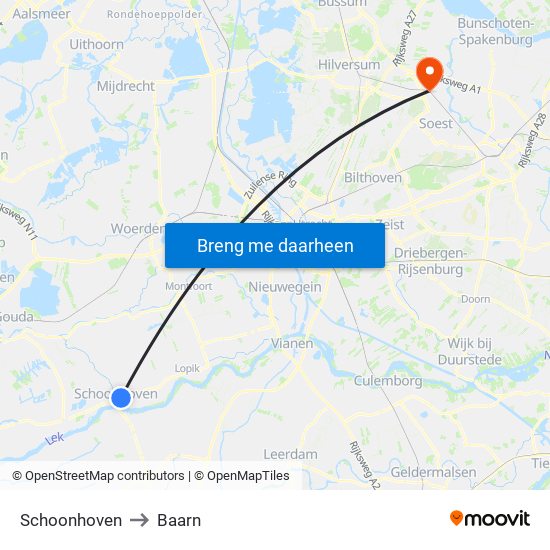 Schoonhoven to Baarn map