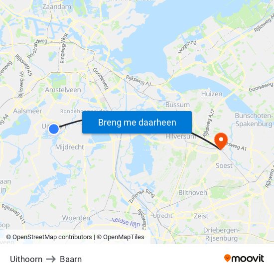Uithoorn to Baarn map