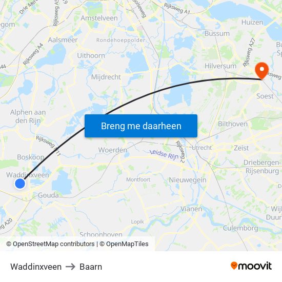 Waddinxveen to Baarn map