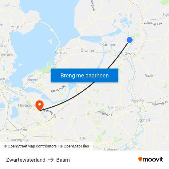 Zwartewaterland to Baarn map