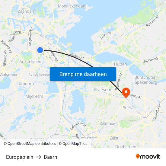 Europaplein to Baarn map