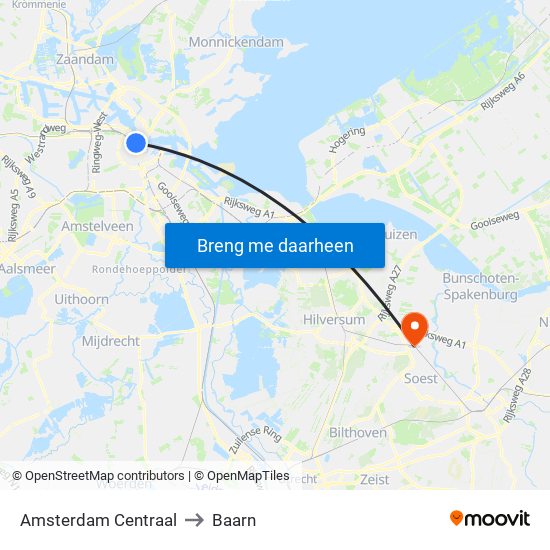 Amsterdam Centraal to Baarn map