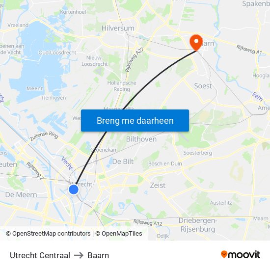 Utrecht Centraal to Baarn map