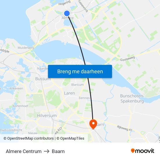 Almere Centrum to Baarn map