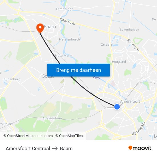 Amersfoort Centraal to Baarn map