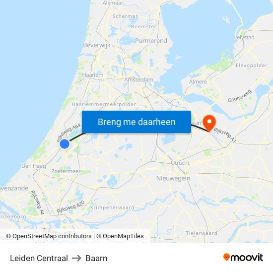 Leiden Centraal to Baarn map
