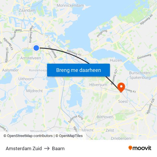 Amsterdam Zuid to Baarn map