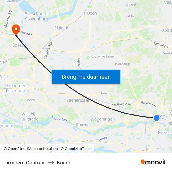 Arnhem Centraal to Baarn map