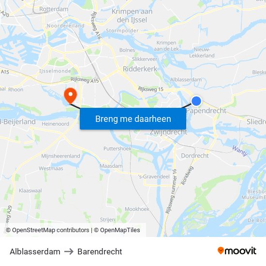 Alblasserdam to Barendrecht map