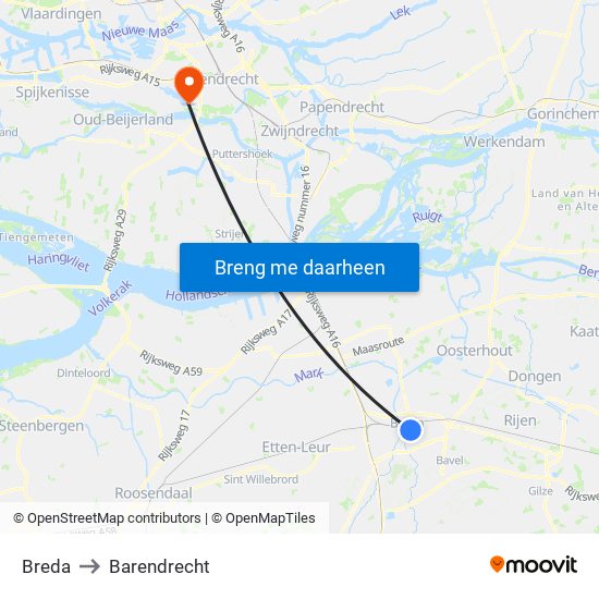 Breda to Barendrecht map