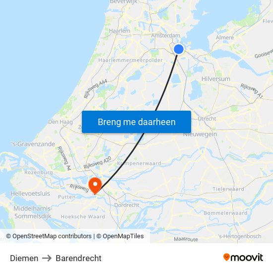 Diemen to Barendrecht map