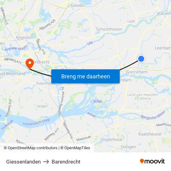 Giessenlanden to Barendrecht map