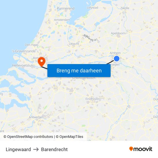 Lingewaard to Barendrecht map