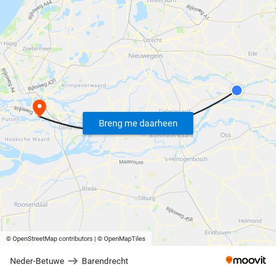 Neder-Betuwe to Barendrecht map