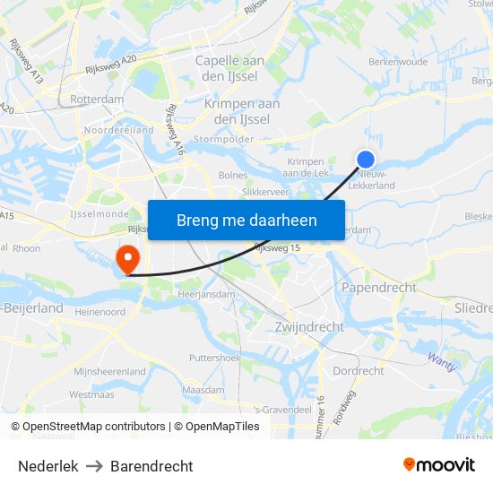 Nederlek to Barendrecht map