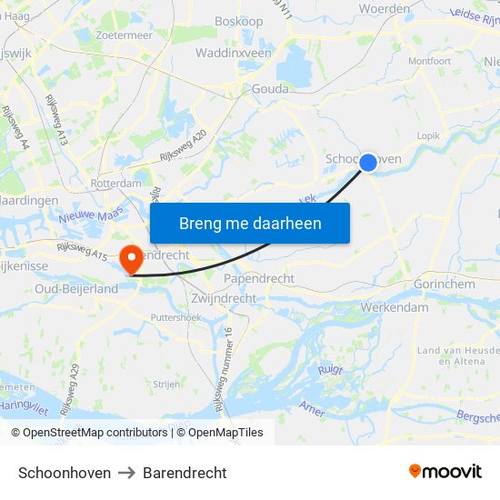 Schoonhoven to Barendrecht map